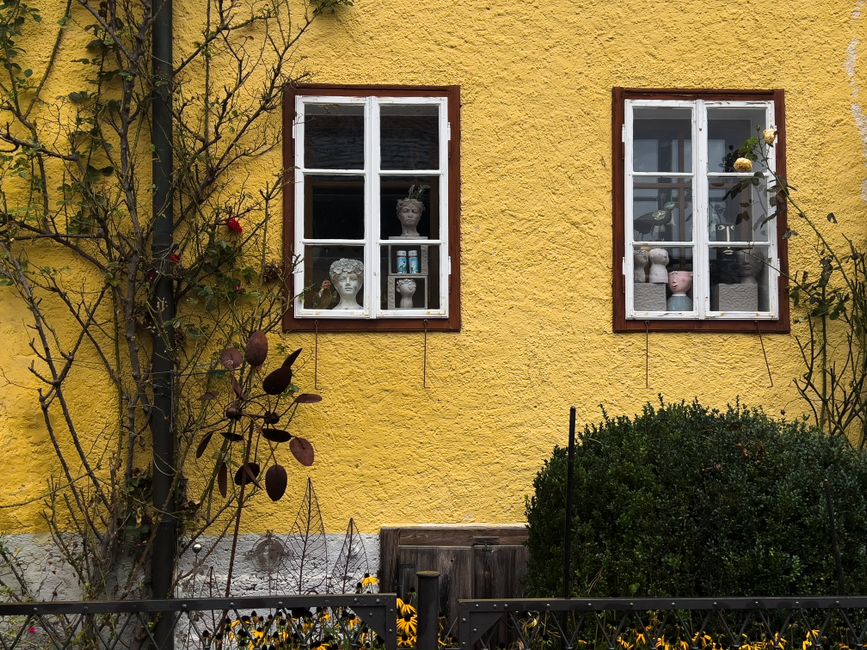 Painted house front in bright daylight